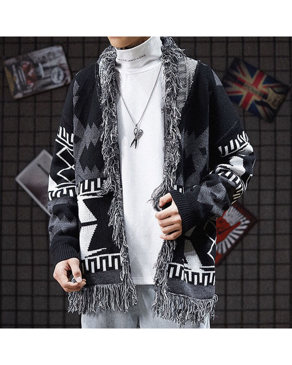 Autumn and Winter New Knitted Cardigan Men Tassel Retro Lazy Sweater WCS front-0