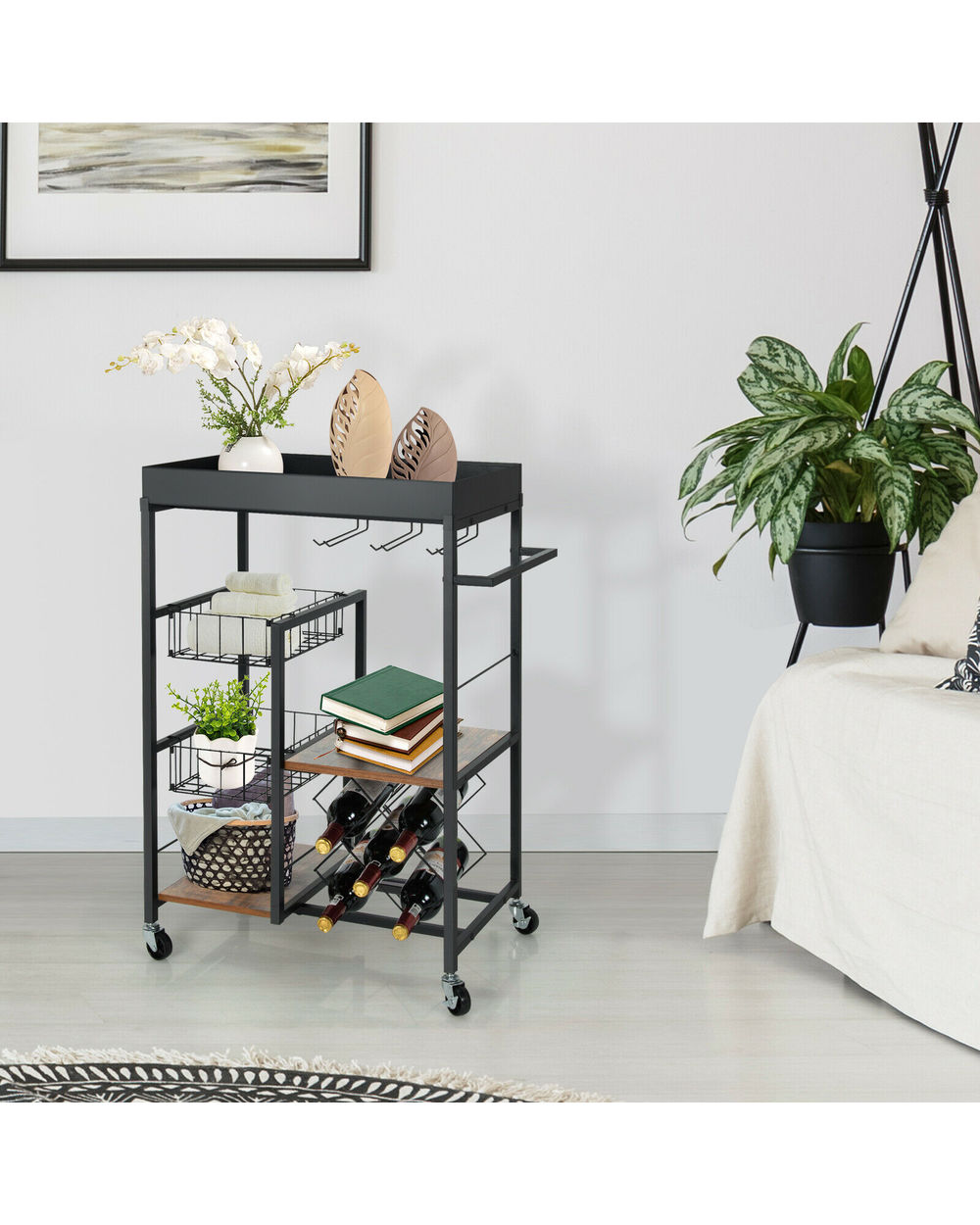 4-Tier Kitchen Bar Cart Rolling Serving Trolley Wine Rack Removable Tray Basket front-1