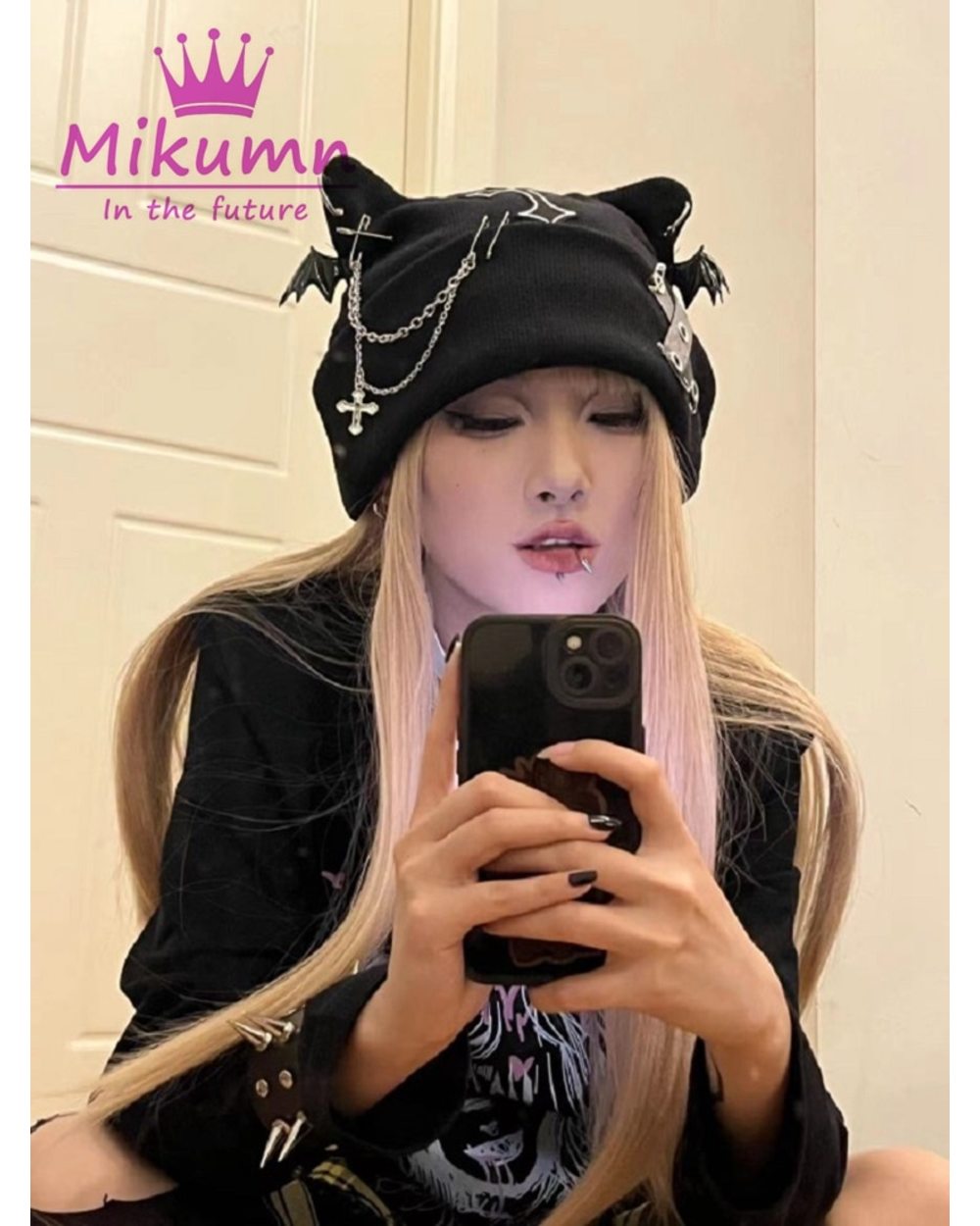 Mikumn Gothic Grunge Cat Ear Bat Wing Black Beanie Hat Harajuku Punk Cross Chain Knitted Hat Women Winter Warm Chic Str front-3