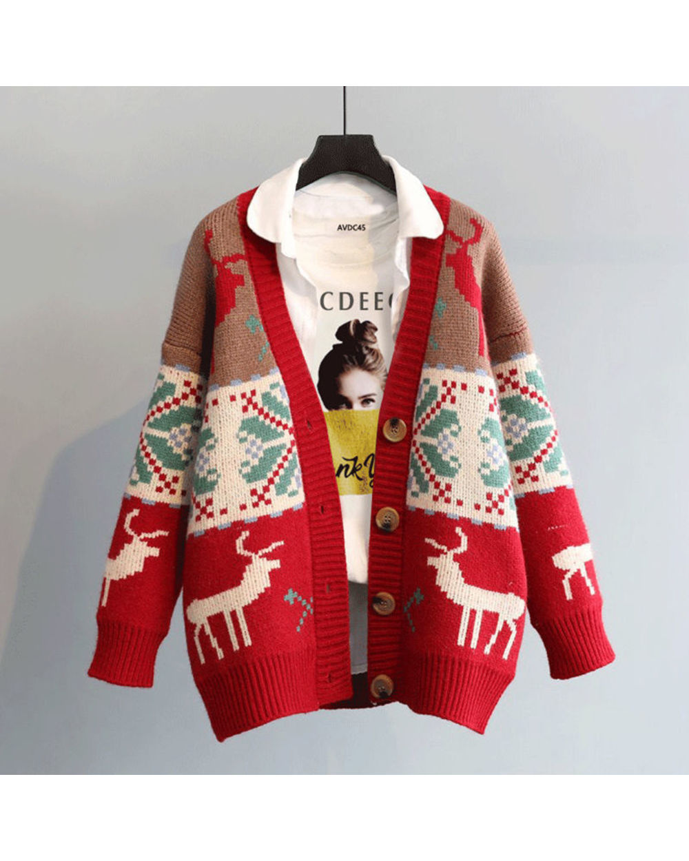 Fashion Deer Cartoon Print Women Cardigan Autumn Loose Knitted Sweater V-neck Single Breasted Christmas Ladies Cardigans front-0