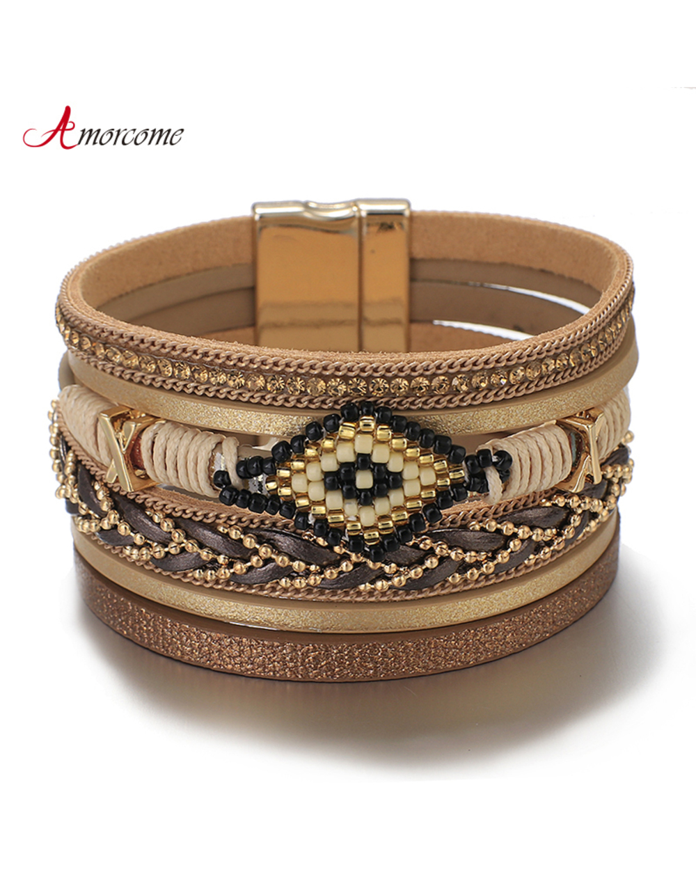 Amorcome Miyuki Evil Eye Leather Bracelets For Women Fashion Ladies Bohemian Wide Wrap Charm Bracelet Party Jewelry Gift front-0