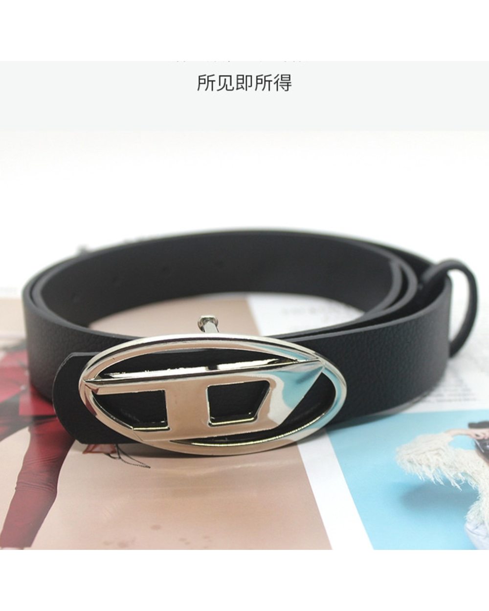 The New Oval Metal Letter Buckle Male And Female Pu Decorative Belt Fashion Luxury Design Personality Versatile Denim B front-1