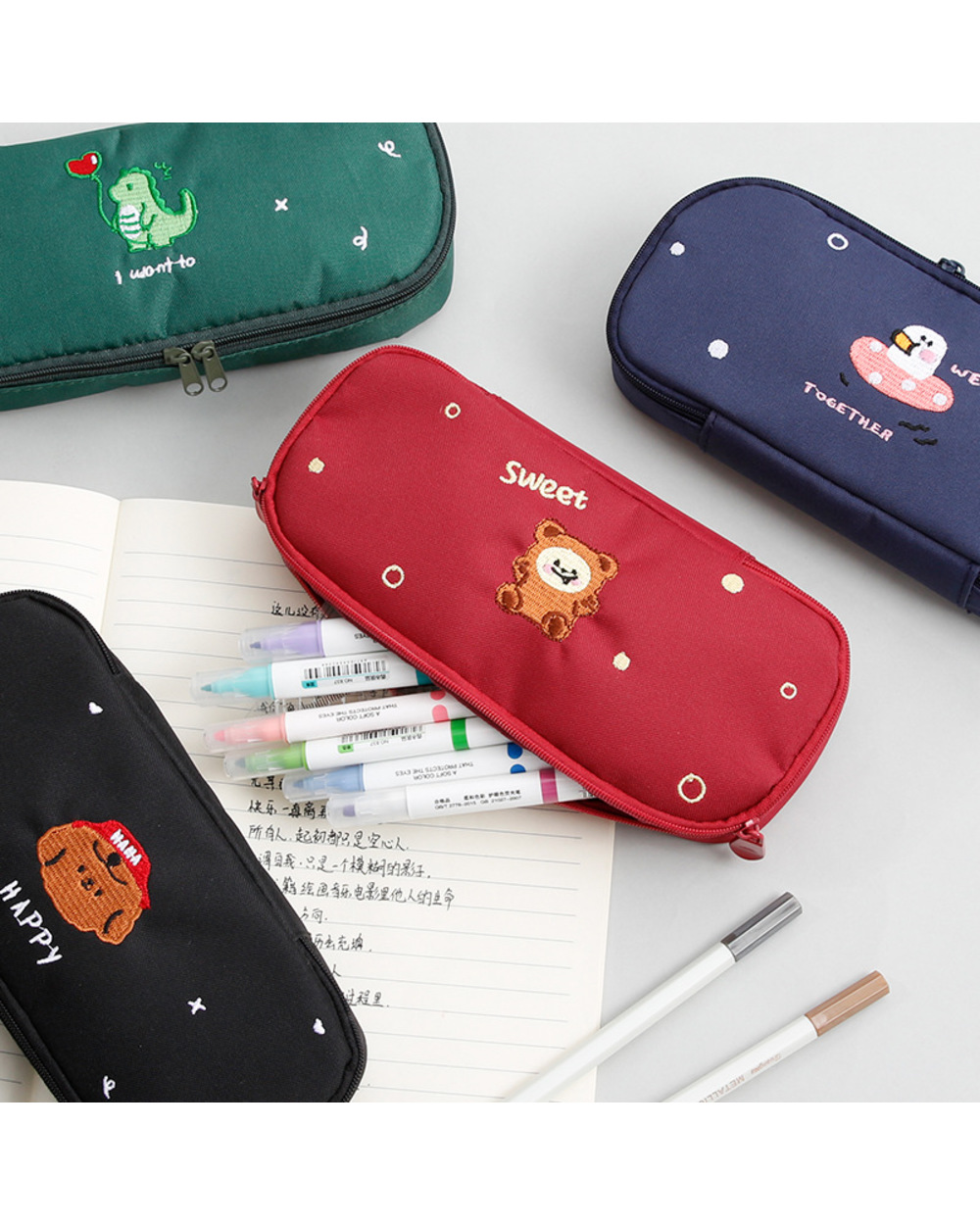 Cartoon Animal Embroidery Pencil Bag Pen Case Sweet Dinosaur Bear Dog Duck Storage Pouch Stationery School Supplies A69 front-4