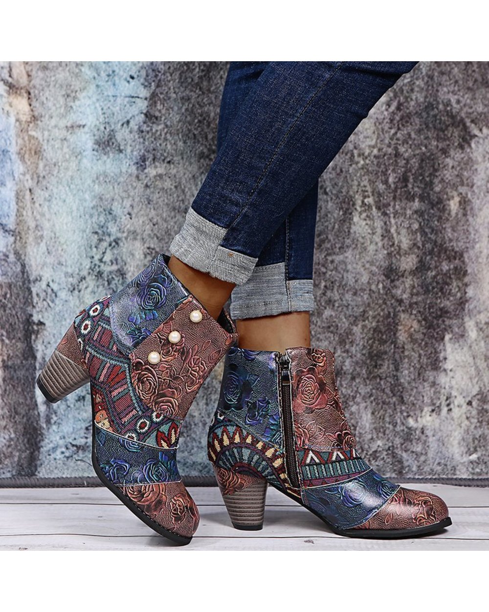 Bohemian Female Martin Boots Women Casual Retro Ethnic Wind Printing High Heels Shoes front-3