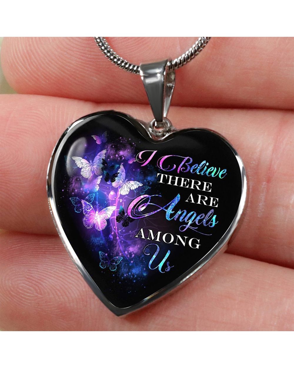Butterfly Heart Shape Pendant Necklace I Believe There Are Angels Among Us front-0