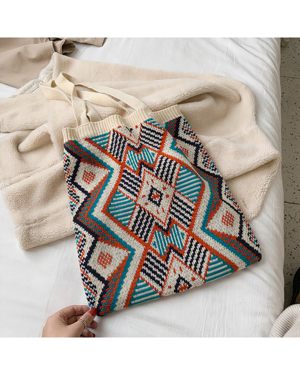 Tote Bag Lady Knitting Gypsy Bohemian Boho Chic Aztec VG06 front-3