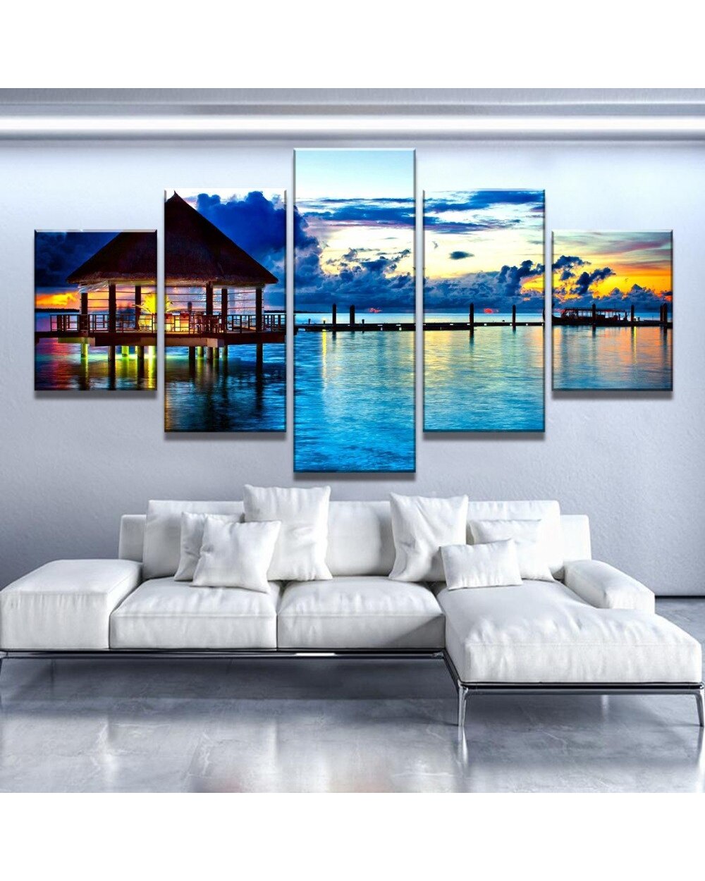 Tropical Seaside Sunset Vacation Picture Print Scenery 5 Panel Canvas Art Wall Decor front-0