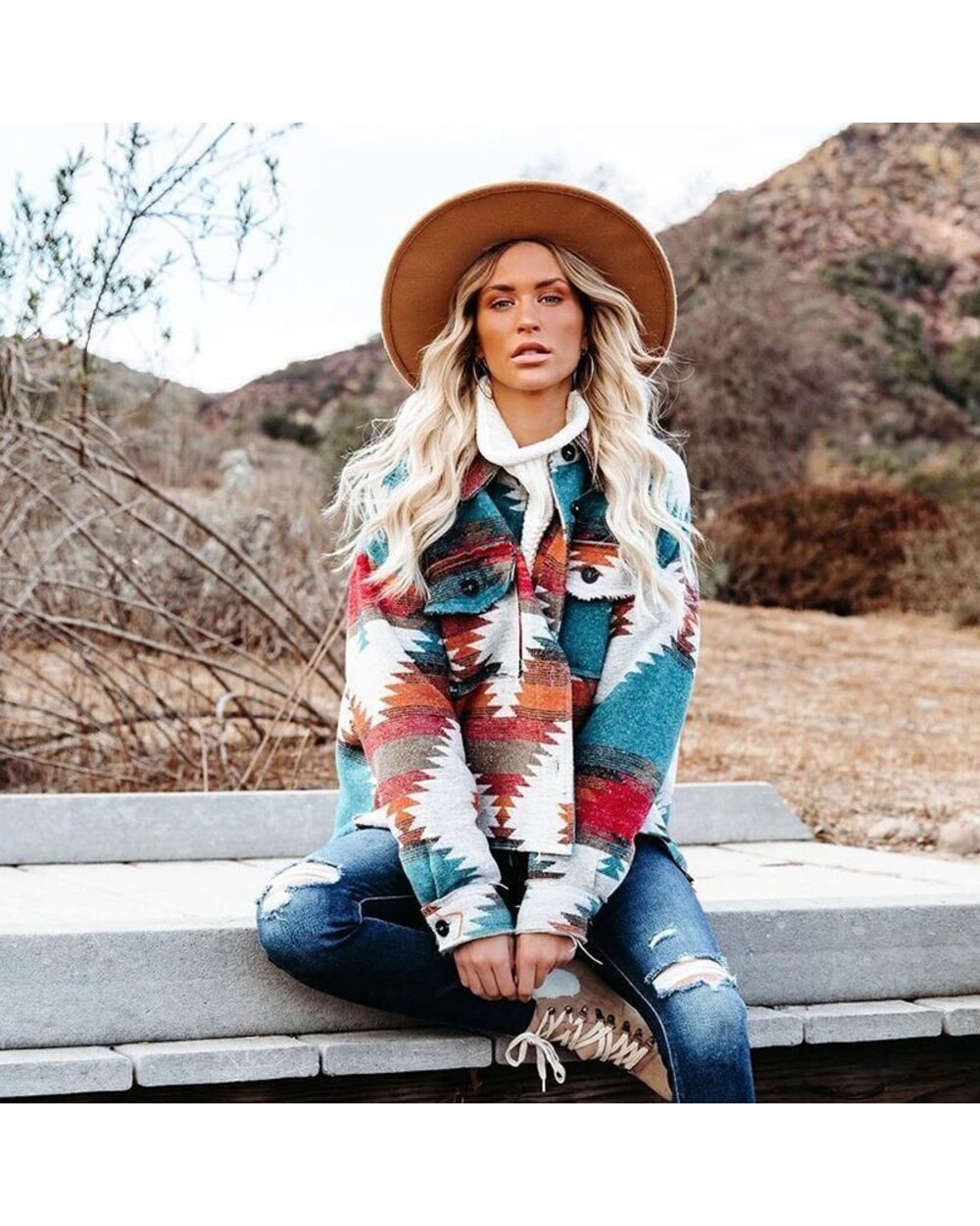 Native Style Geometric Print Woolen Coat Long-sleeved Loose Fashion Jacket Women VG06 front-0