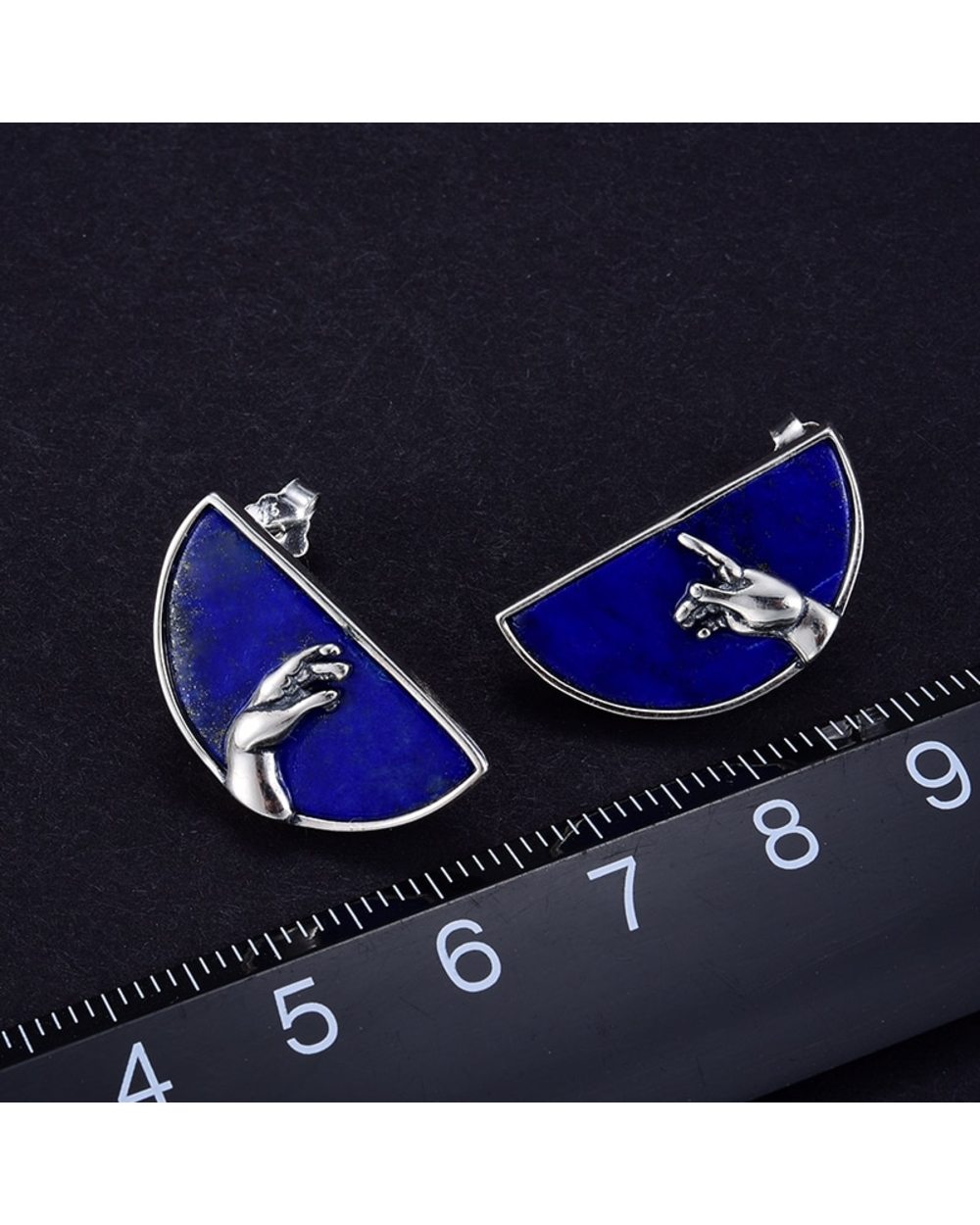 Real 925 Sterling Silver Earrings Natural Lapis Lazuli Fine Jewelry The Creation of Adam Stud Earring front-2