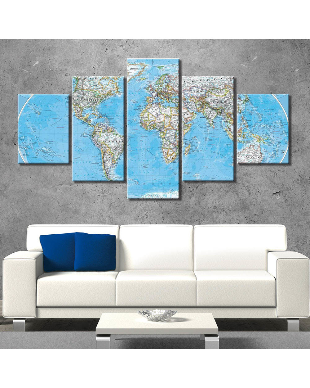 Abstract Blue Toned World Map Picture Print Abstract 5 Panel Canvas Art Wall Decor front-1