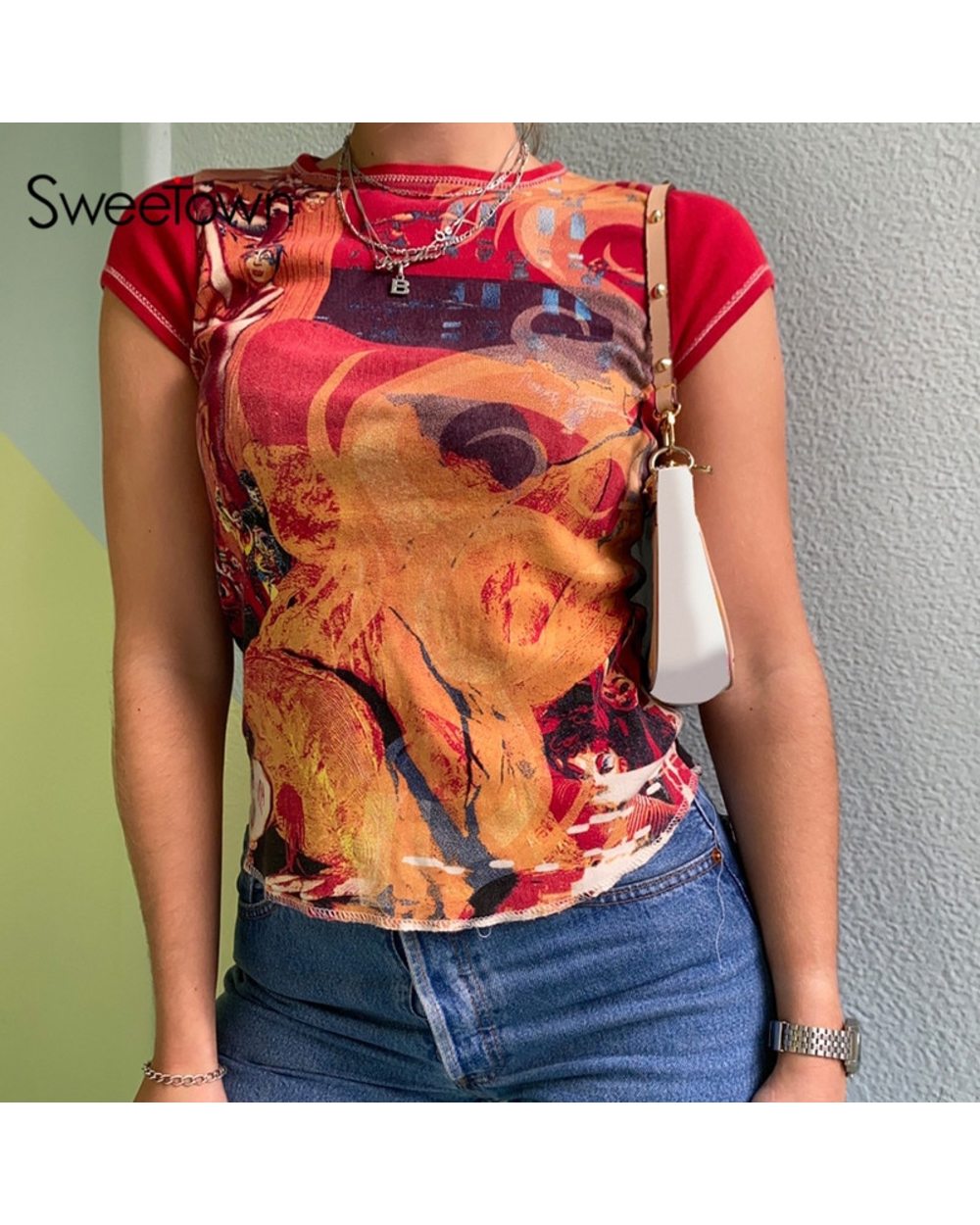 Sweetown Retro Print Patchwork T-Shirts Vintage Aesthetic Girl Short Sleeve Summer Tops Women Basic Tees front-2