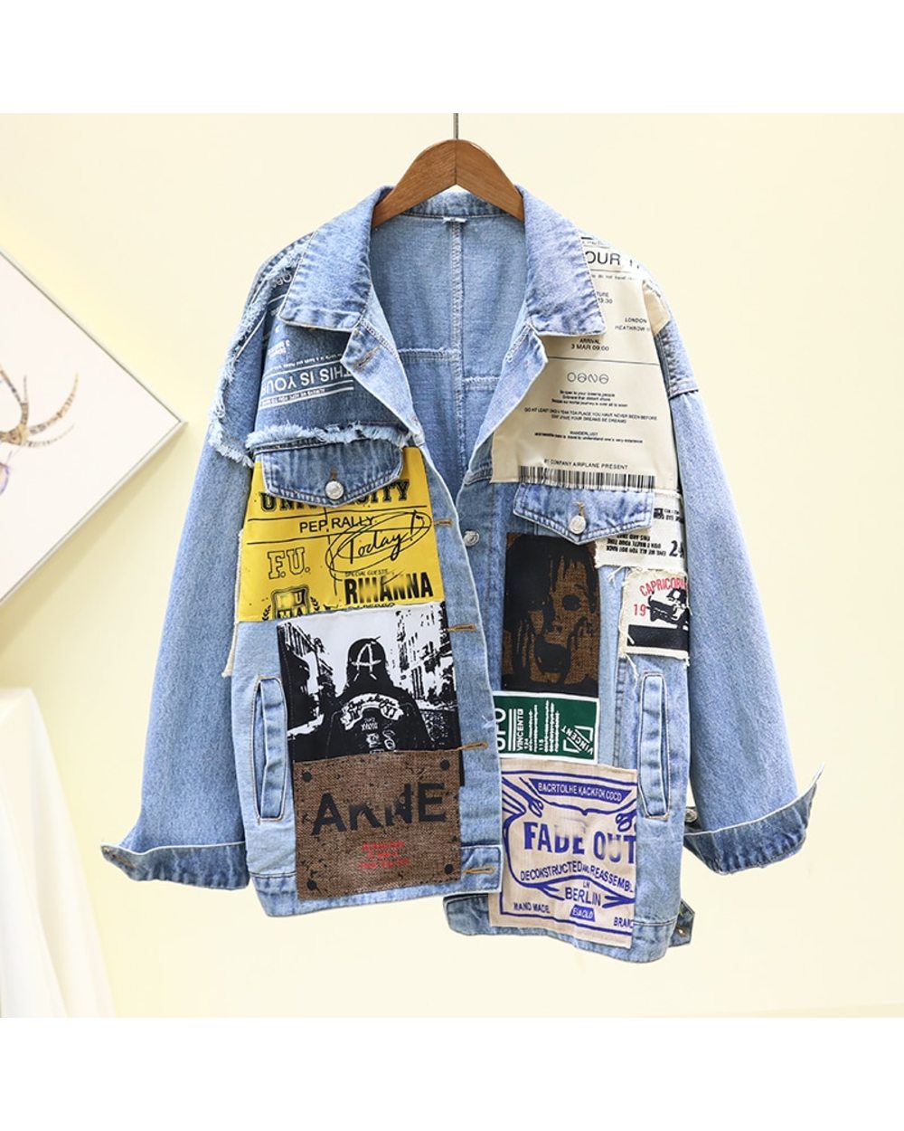 Vintage Black Denim Jacket Appliques Newspaper Pattern Large Size Leisure Trend Coat 2022 Autumn front-1