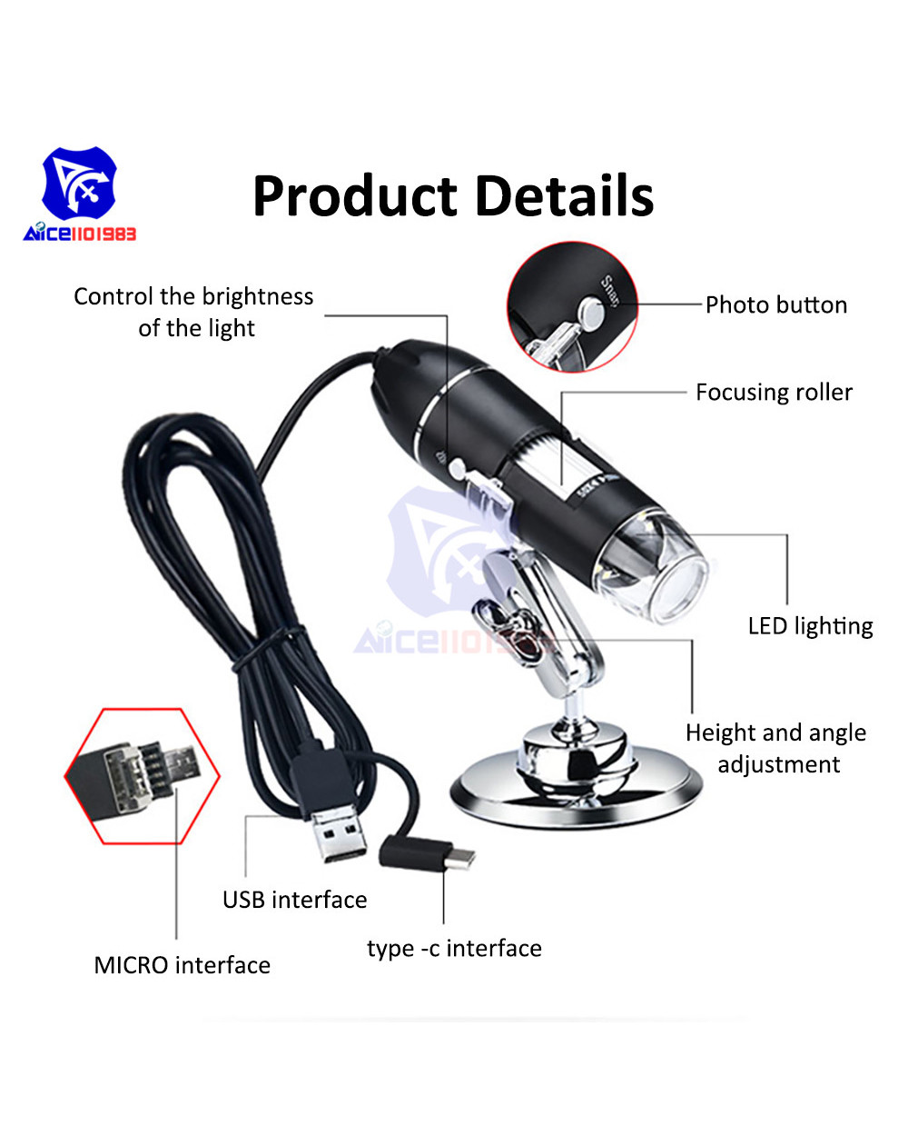 Diymore Portable 3 In 1 Usb Type-C Digital Microscope 50X -500X/1000X/1600X Magnification Endoscope For Mac/Window/Linu front-5