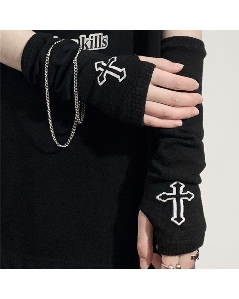 Punk Emo Style Streetwear Women Wrist Arm Warmer Knitted Long Fingerless Gloves Black Mitten Halloween Cross Gloves Dar front-1