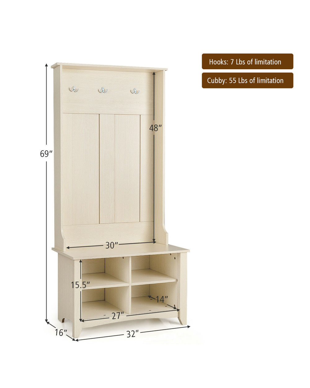 Hall Tree Storage Bench Entry Stand Coat Hat Rack with Shelf front-5