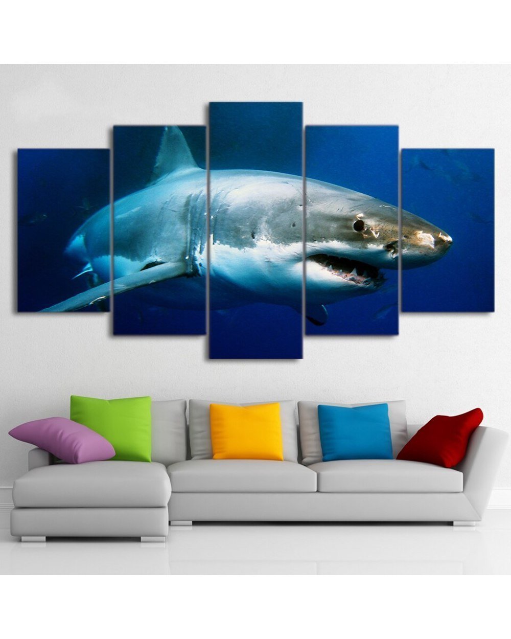 Blue Ocean White Shark Picture Animal 5 Panel Canvas Art Wall Decor front-0