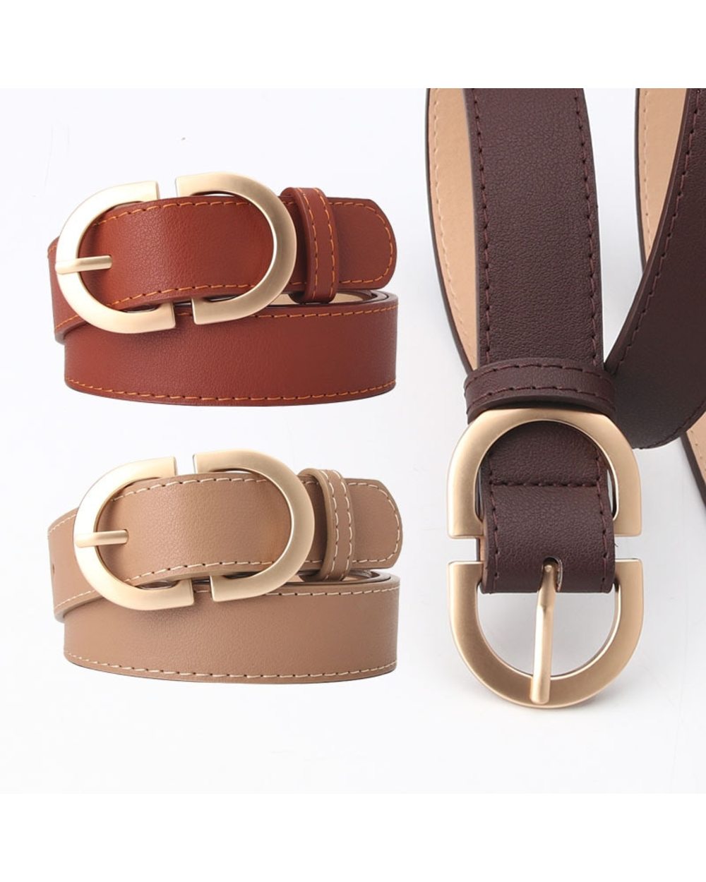 2021 New Thin Female Circle Buckles Belt Deduction Side Gold Buckle Jeans Belts Women Girls Ring Buckle Leather Waist B front-0