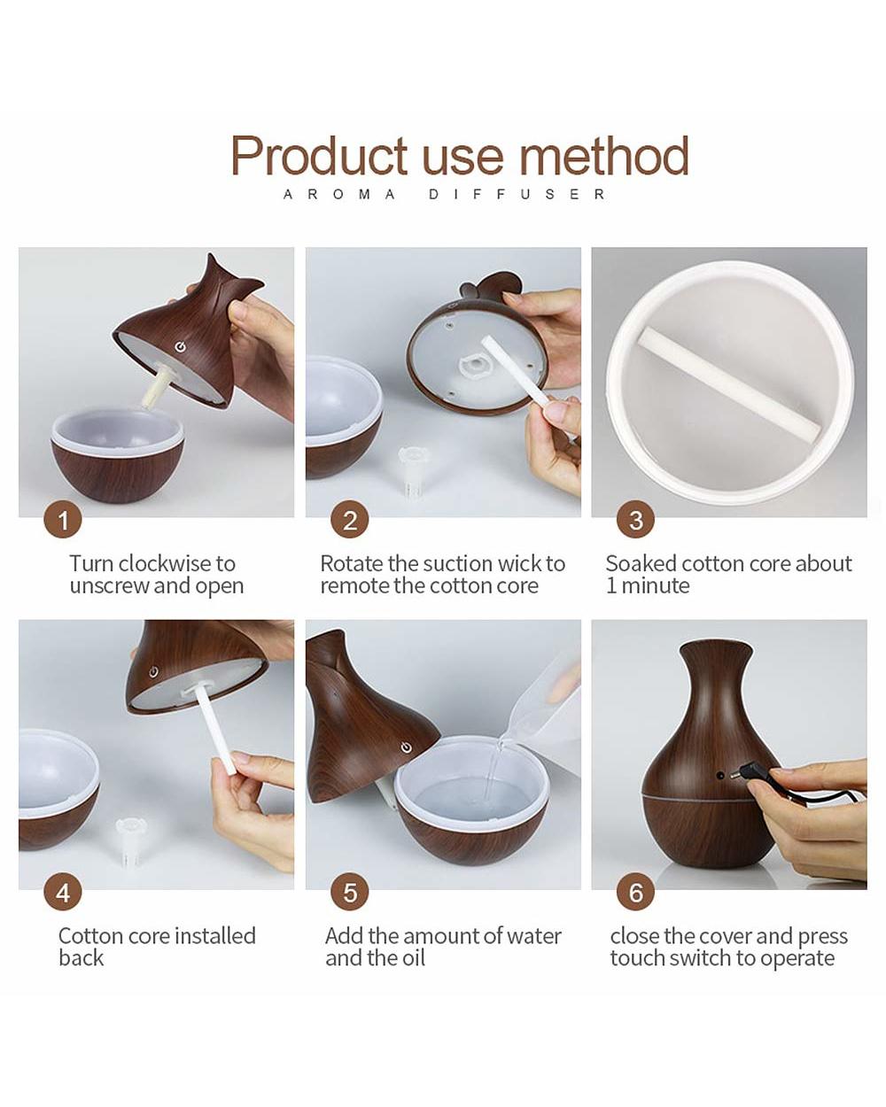 130Ml Humidifier Essential Aroma Oil Diffuser Ultrasonic Wood Grain Air Humidifier Usb Mini Mist Maker Led Light front-5