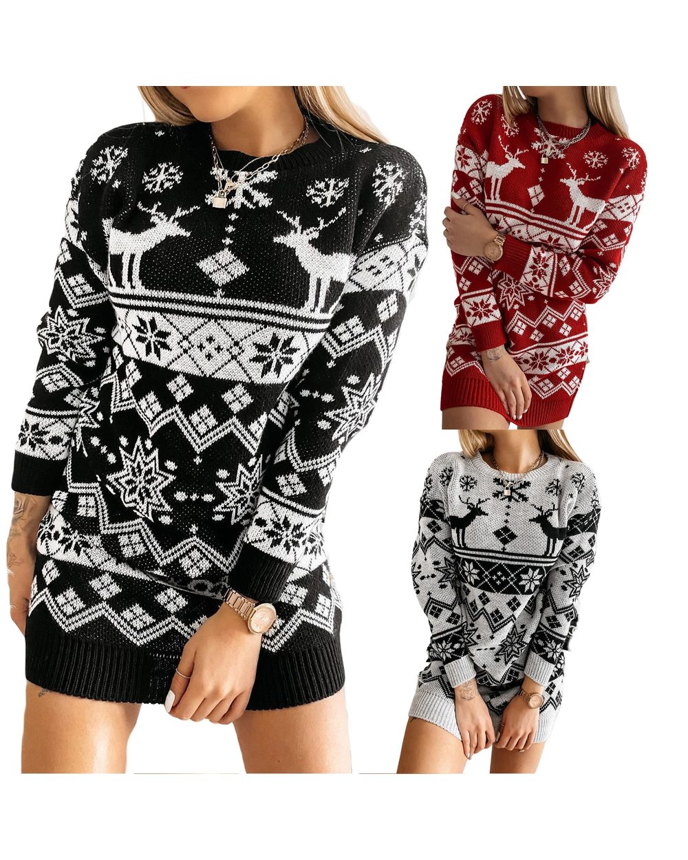 2022 Christmas Ladies Knitted Dress Women Temperament Elk Snowflake Round Collar Long Sleeve Sweater Short Skirt 3 Color front-0