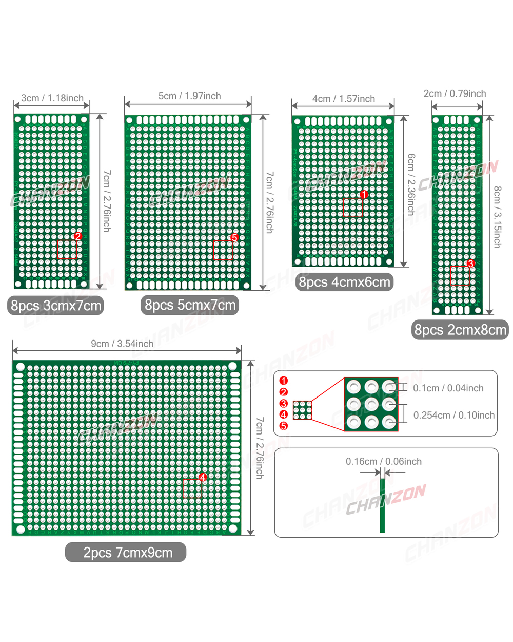 34 Pcs Double Sided Pcb Board Tinned ( 2X8 3X7 4X6 5X7 7X9 Cm ) Prototype Kit Fr4 Printed Universal Circuit Perfboard F front-2