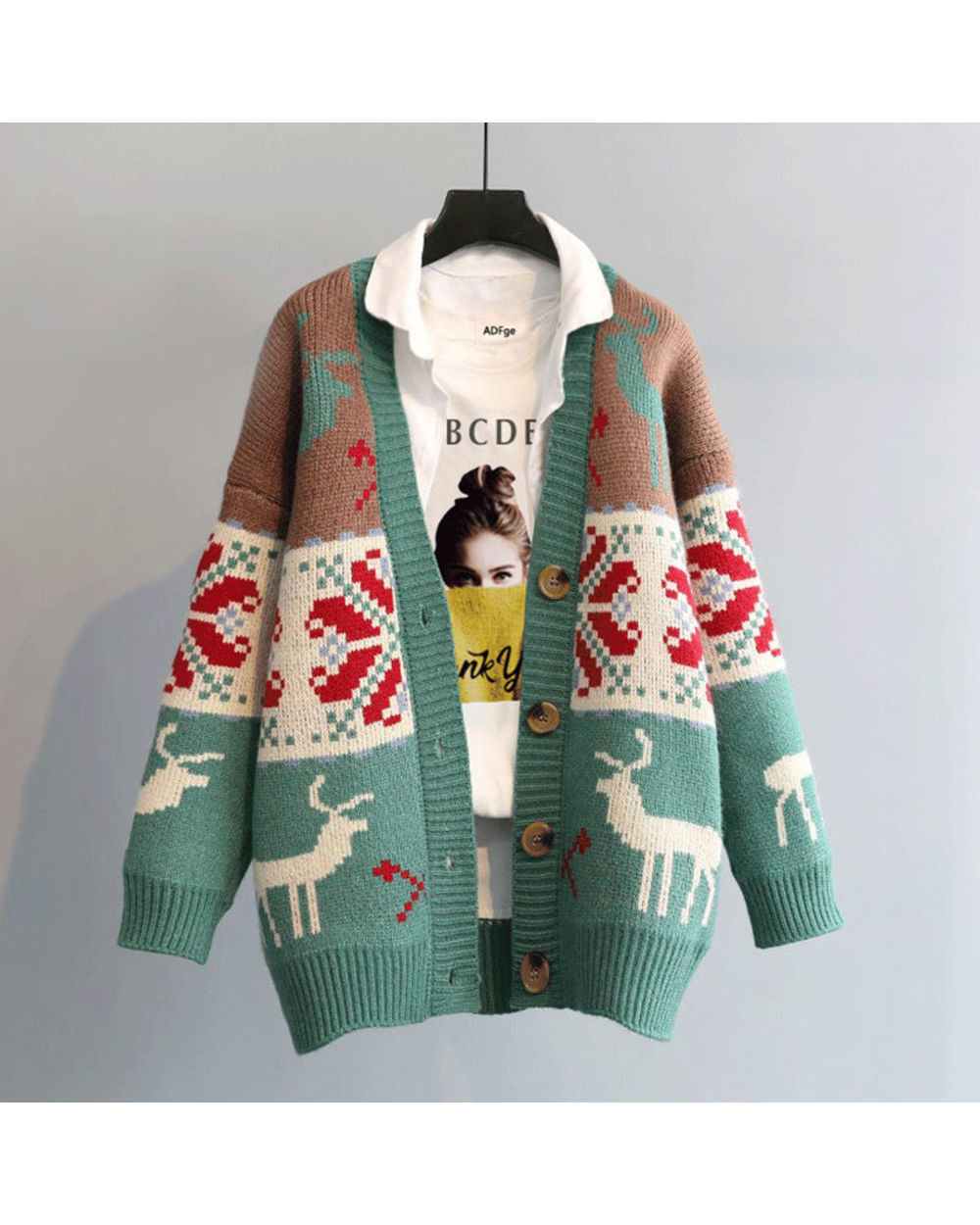 Fashion Deer Cartoon Print Women Cardigan Autumn Loose Knitted Sweater V-neck Single Breasted Christmas Ladies Cardigans front-3