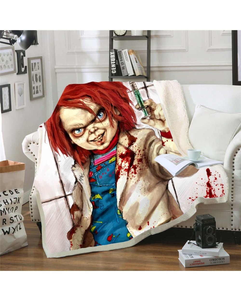 Horror Movie Child of Play Character Chucky Blanket Gothic Sherpa Fleece Wearable Throw Blanket front-2