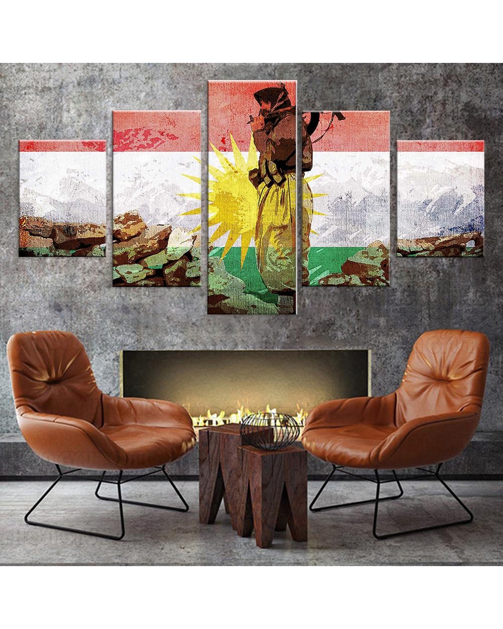 Kurdistan Soldier Flag Picture Print Abstract 5 Panel Canvas Art Wall Decor front-1