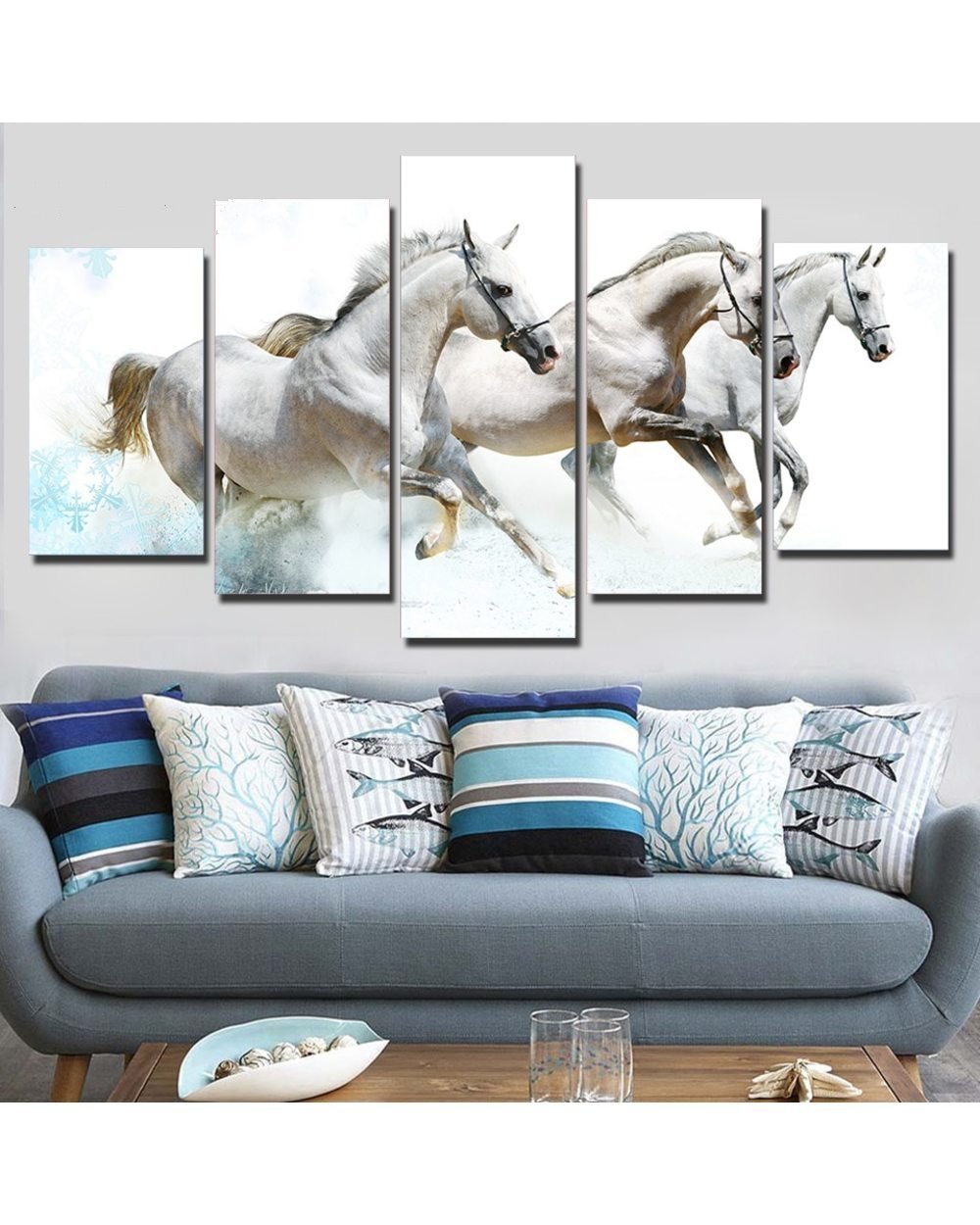 Running White Horses Carving on water Picture Animal 5 Panel Canvas Art Wall Decor front-0