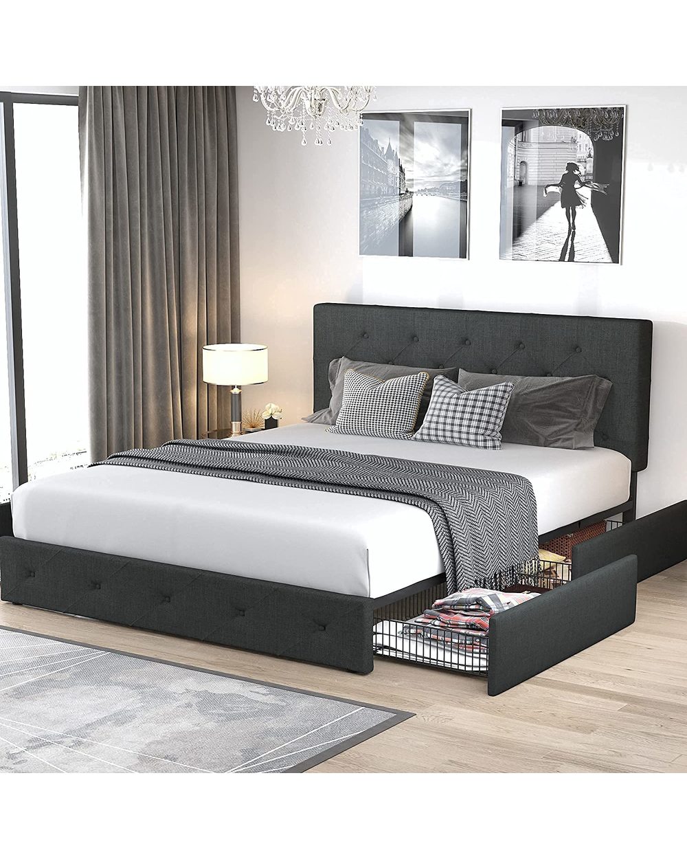 Queen Platform Bed Frame with 4 Storage Drawers front-2