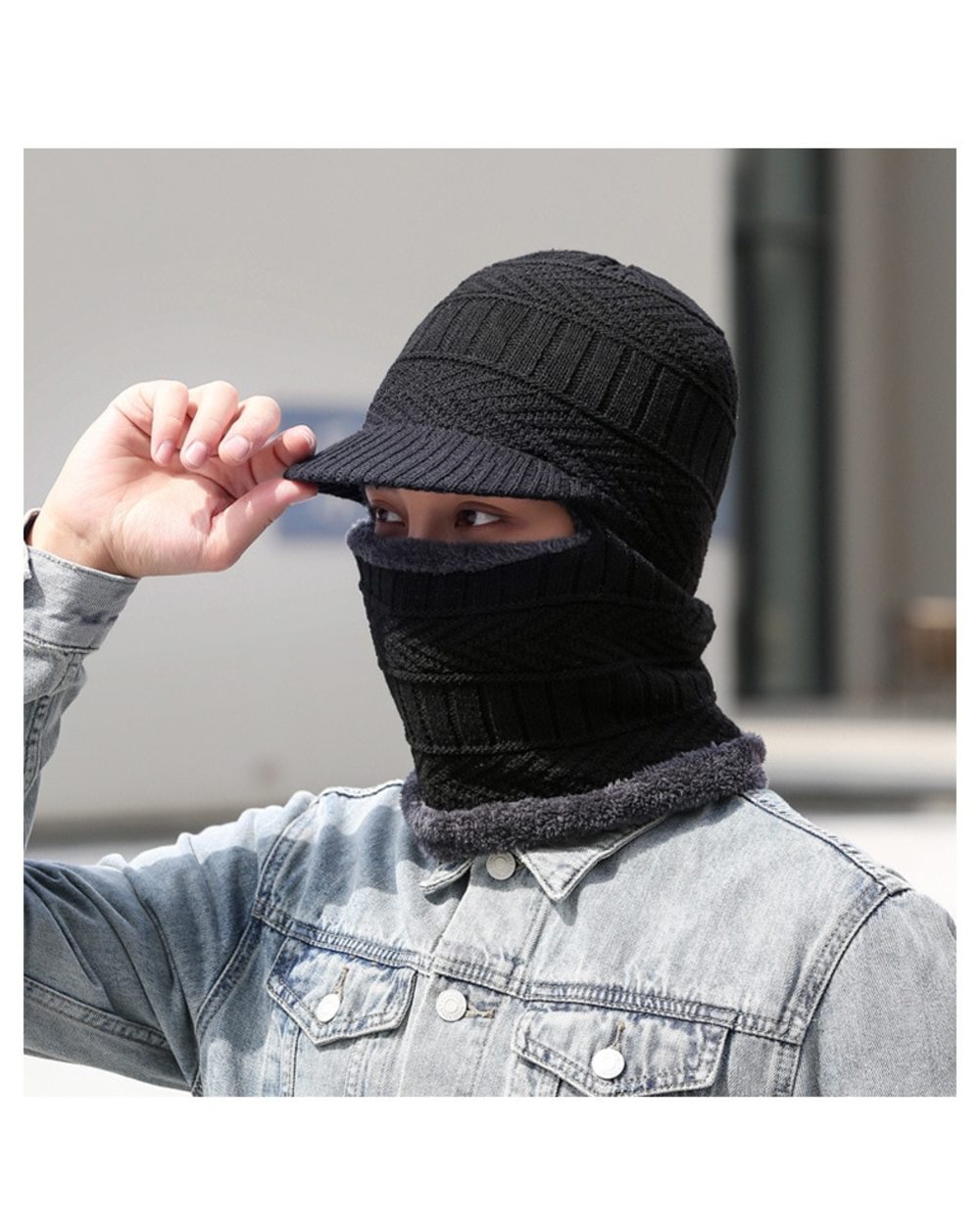 Winter Knitted Beanie Caps Outdoor Ski Full Face Hats Fur Lined Warm Brim Hats Men Skullies Ear Warm Balaclava Scarf Zi front-3