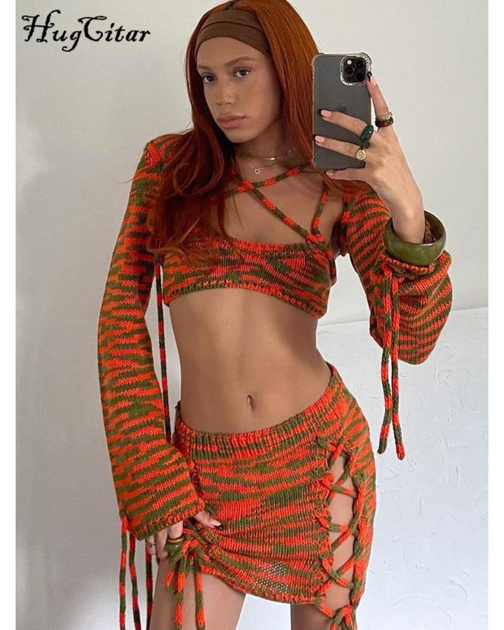 Knitting Women Long Sleeve Crop Top Drawstring Mini Dress Set Autumn Y2K Streetwear Outfit Fashion front-2