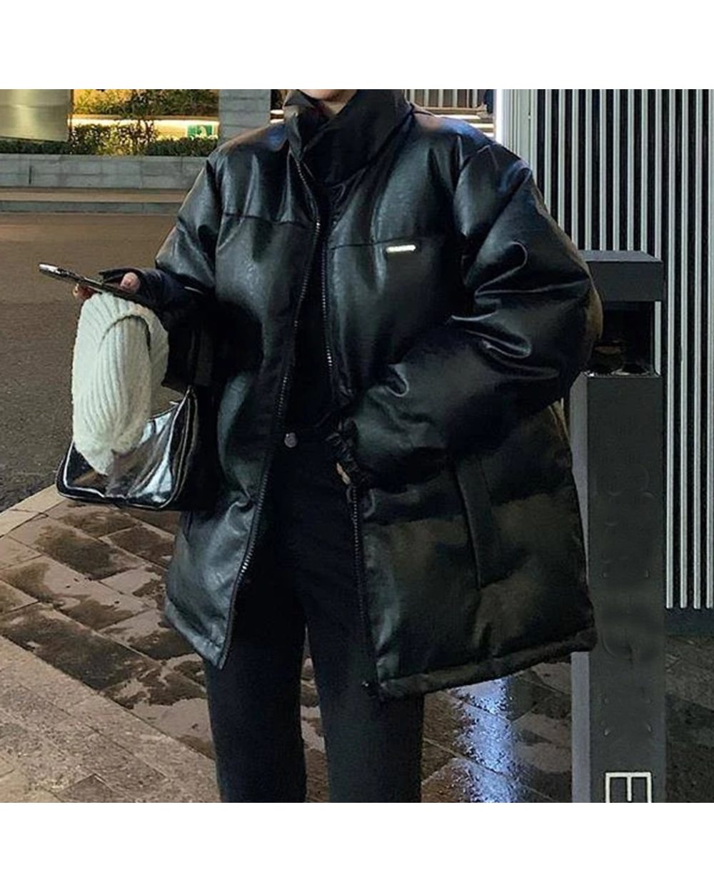 Faux Leather Jacket Women Puffer Parka Black Thick Korean Oversized Coat Female Outerwear front-3