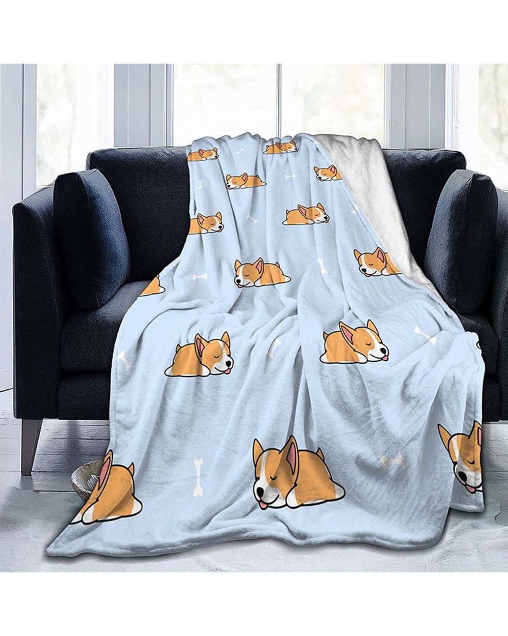 Corgi Cute Blue Plush Warm Bed Blanket Soft Throw Blanket Fits Couch Sofa Pet Blanket Lazy Blanket front-0