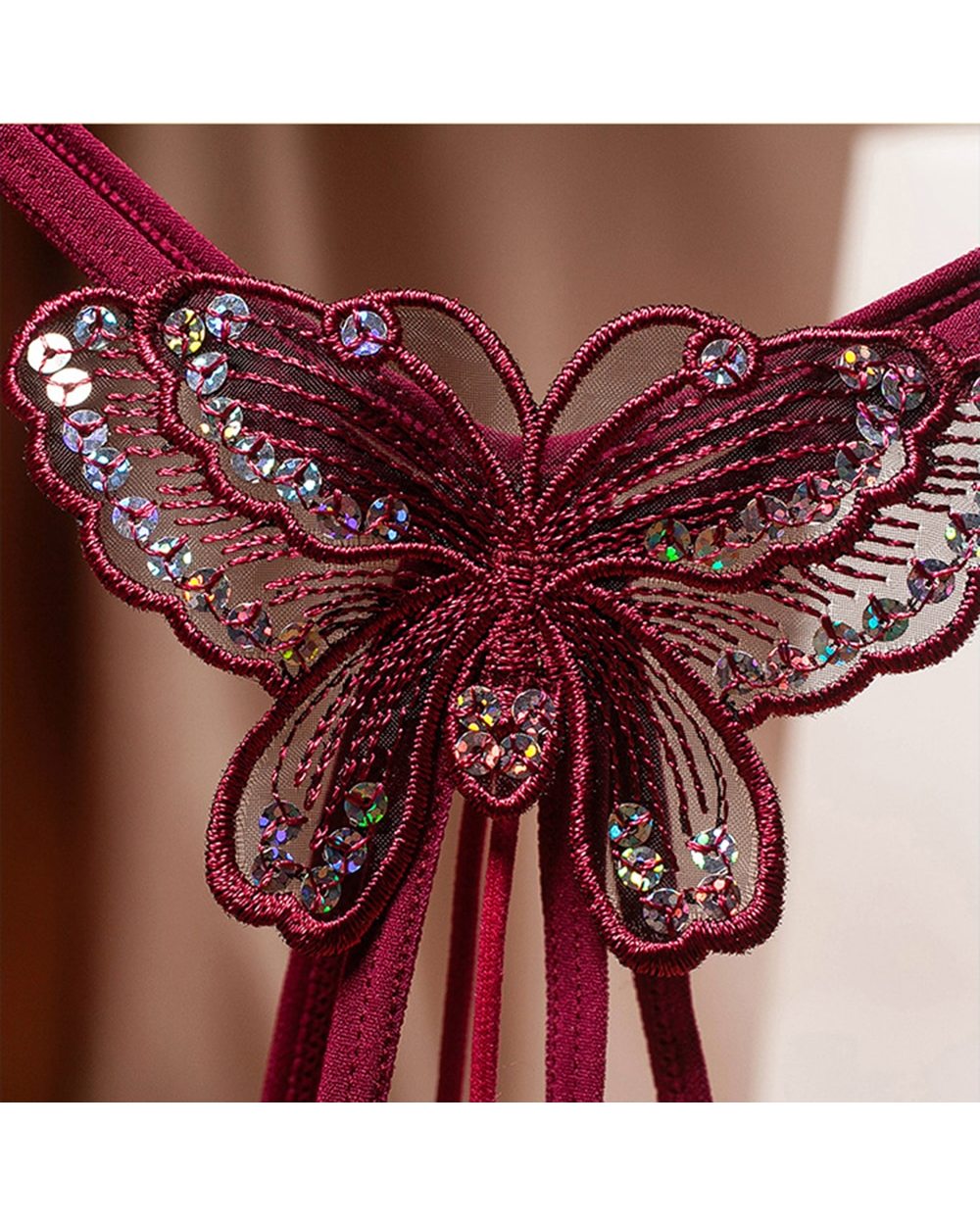 Sequins Embroidery Butterfly Pearl Panties Sexy Lingerie Thongs Women's Erotic Open Crotch Underwear front-5