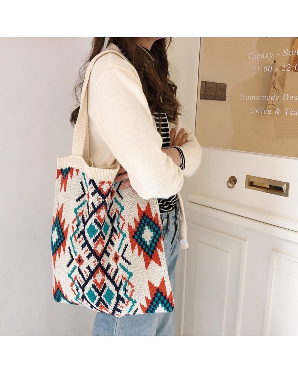 Weave Women Casual Bag Retro Pattern Boho Chic Female Tote Bag Crochet Daily Handbag VG06 front-0