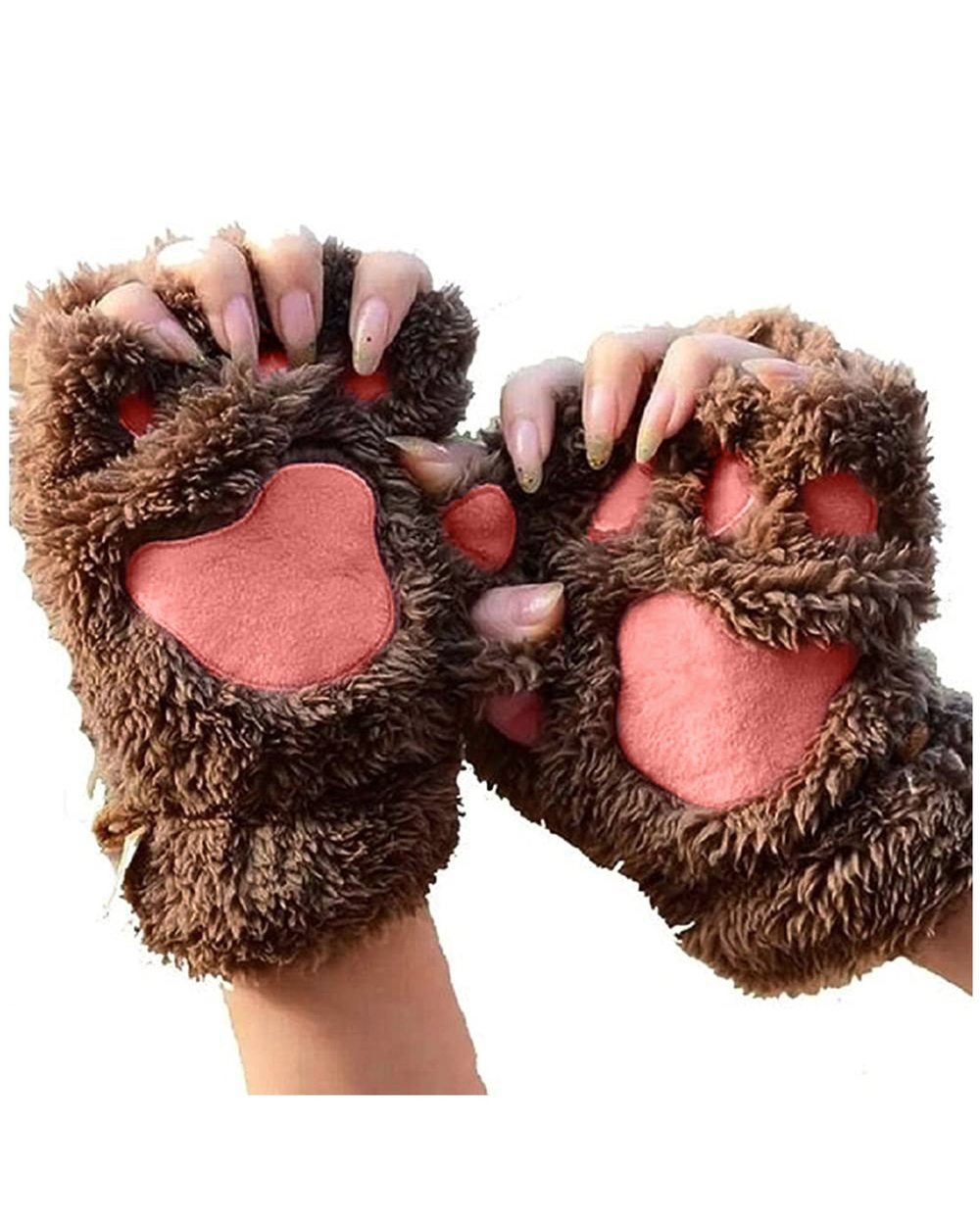 Girls Lovely Winter Warm Fingerless Gloves Fluffy Bear Cat Plush Paw Claw Half Finger Plush Gloves Mittens New Women Sk front-1