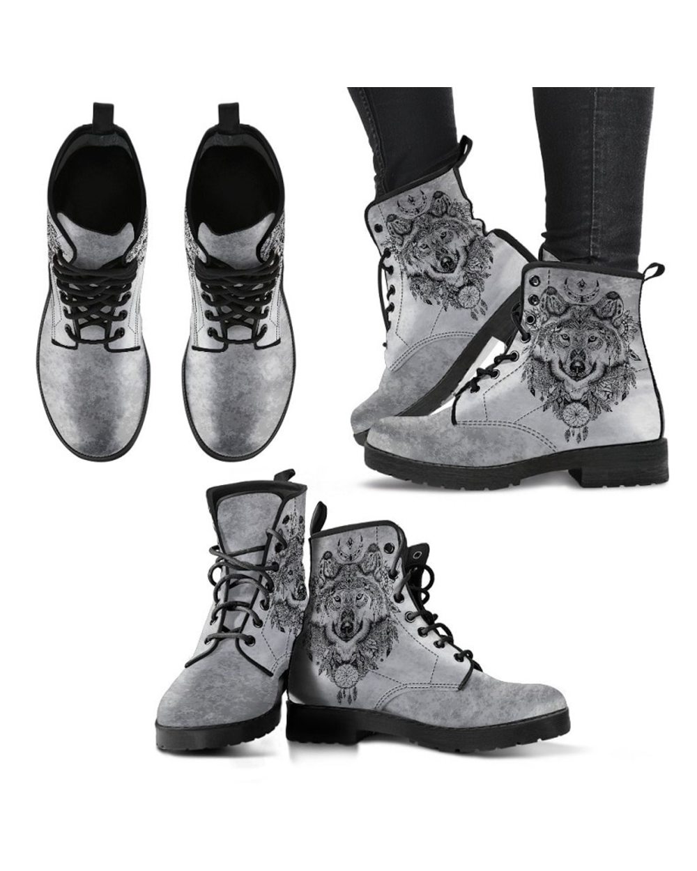 Women's Shoes New Gray And White Wolf Totem Print Fashionable And Comfortable Lace-up High-top Boots front-2