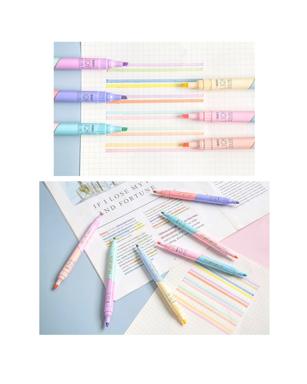 6Pcs Light Highlighter Pens Set 3Mm Dual Ended Double Color Marker Liner Drawing Pen Paint Art Office School Supplies A front-2