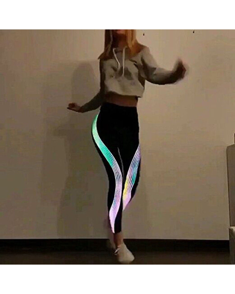 Reflective Material Printed Fitness Leggings Slim Stretch Elastic Glow in Dark Pants Trousers front-0