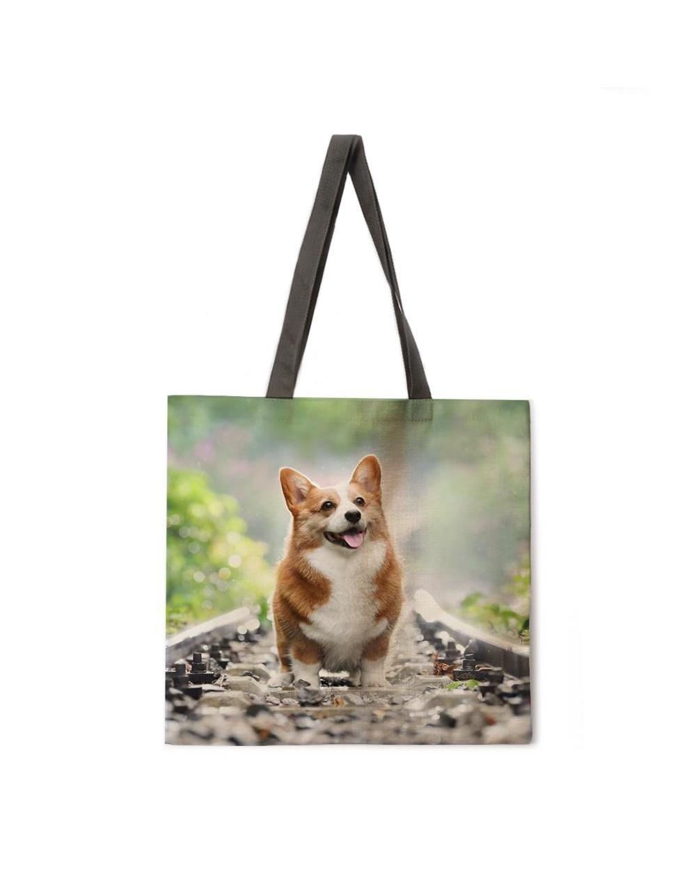 Corgi linen tote bag beach bag ladies shoulder bag foldable shopping bag reusable fashion bag front-4