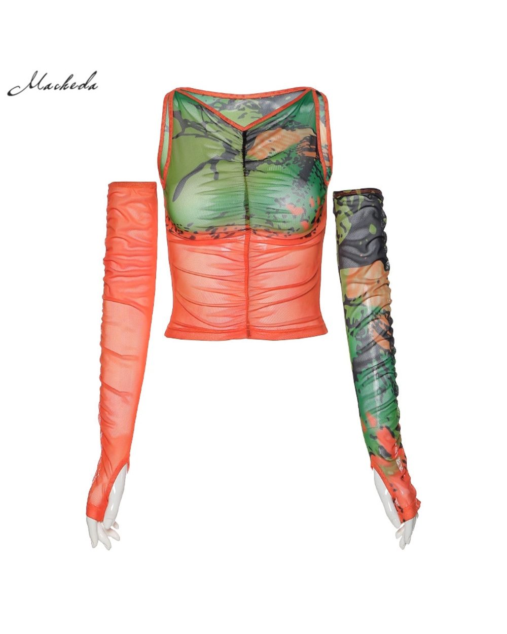 Women Summer Set Crop Top And Long Sleeve Fashion Mesh Slim T-Shirt Lady Streetwear front-5