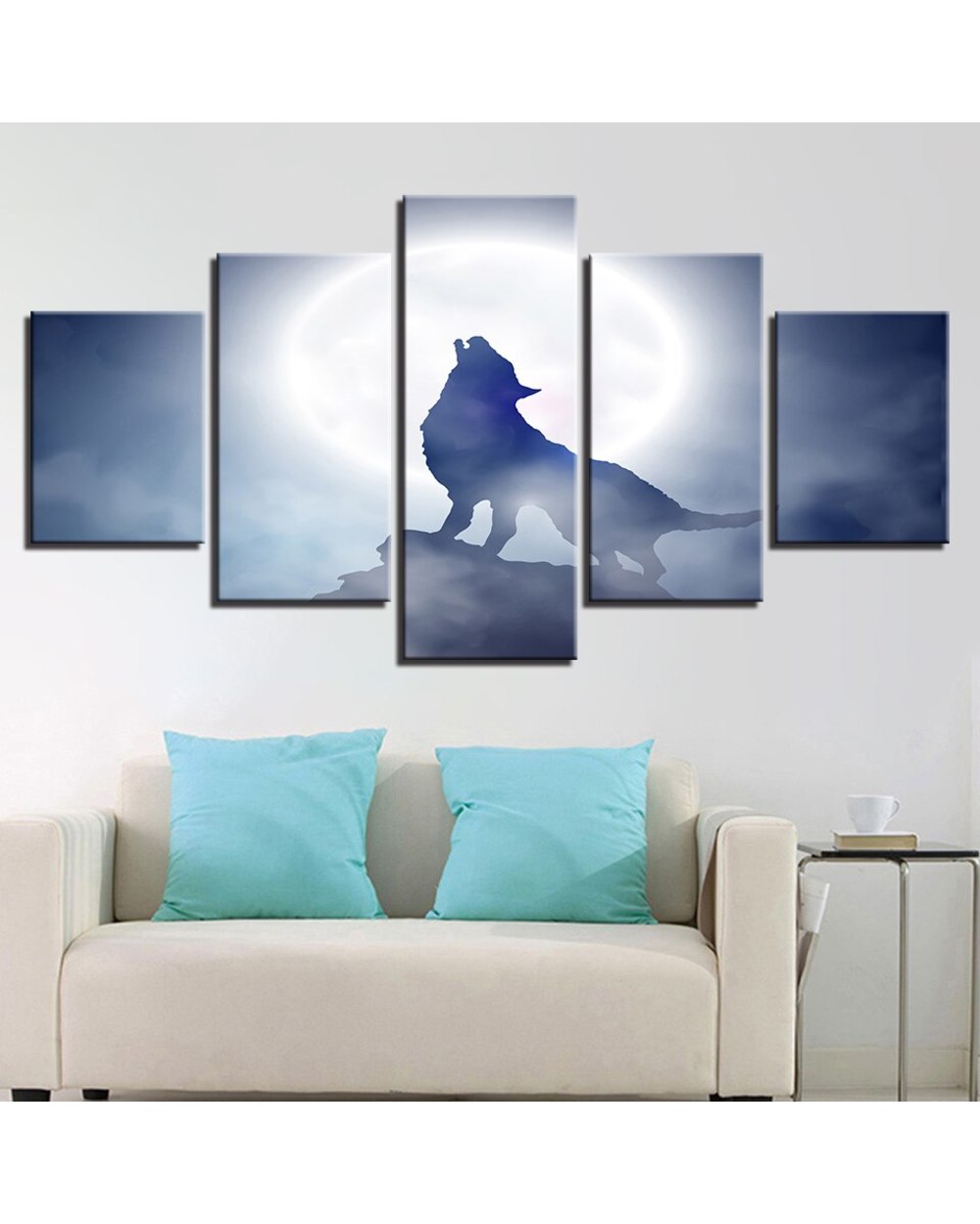 Full Moon Night Animal Wolf Howling Picture Print Scenery 5 Panel Canvas Art Wall Decor front-0