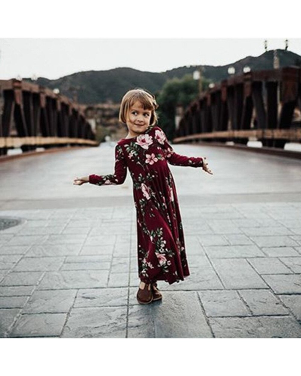 Family Matching Outfits Autumn Floral Slim Fit Long Sleeved Parent Child Mother Daughter Dress Skirt Women Girls Clothes front-3