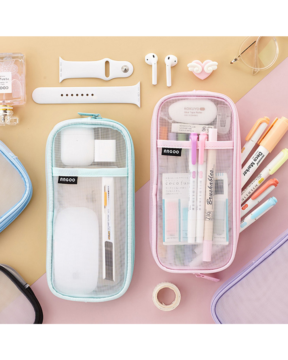 Transparent Mesh Pencil Case Creative Colored Pen Bag For Students High Quality Storage Pouch Stationery School Office front-3