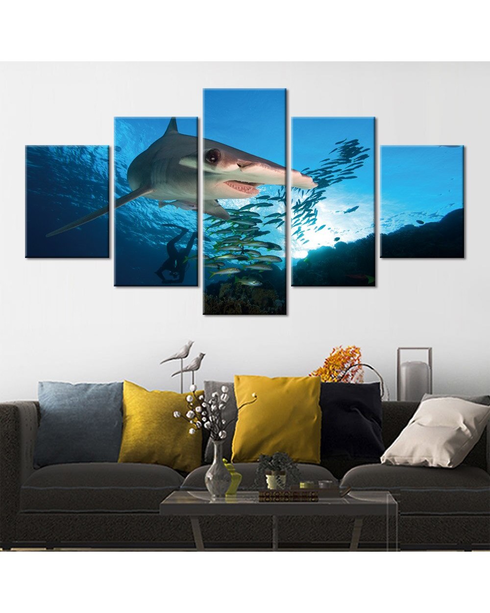 Shark Picture Print Animal 5 Panel Canvas Art Wall Decor front-0