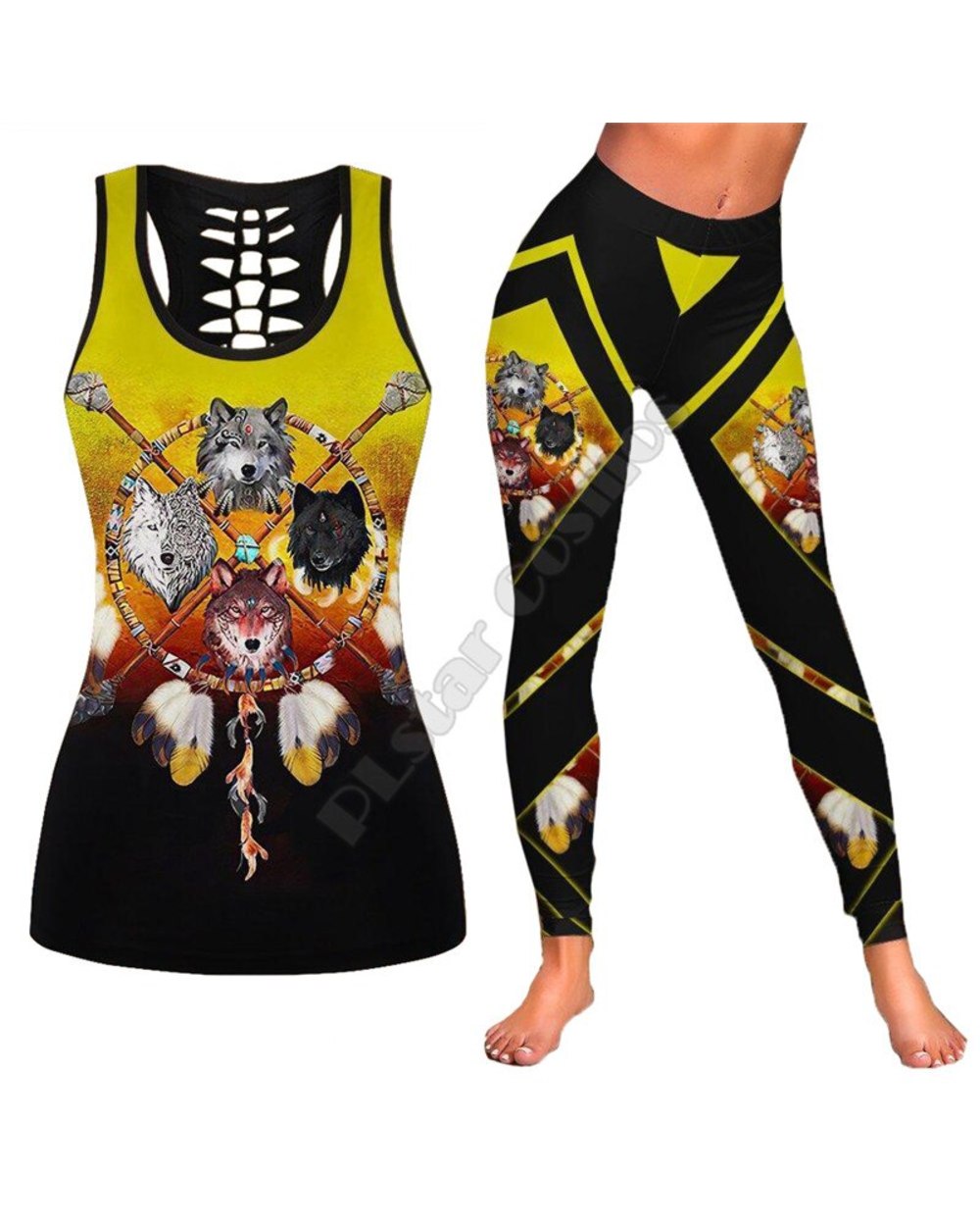 Wolf Native Legging hollow tank Combo 3D Printed Tank top Suit sexy Yoga Fitness Soft Legging front-3