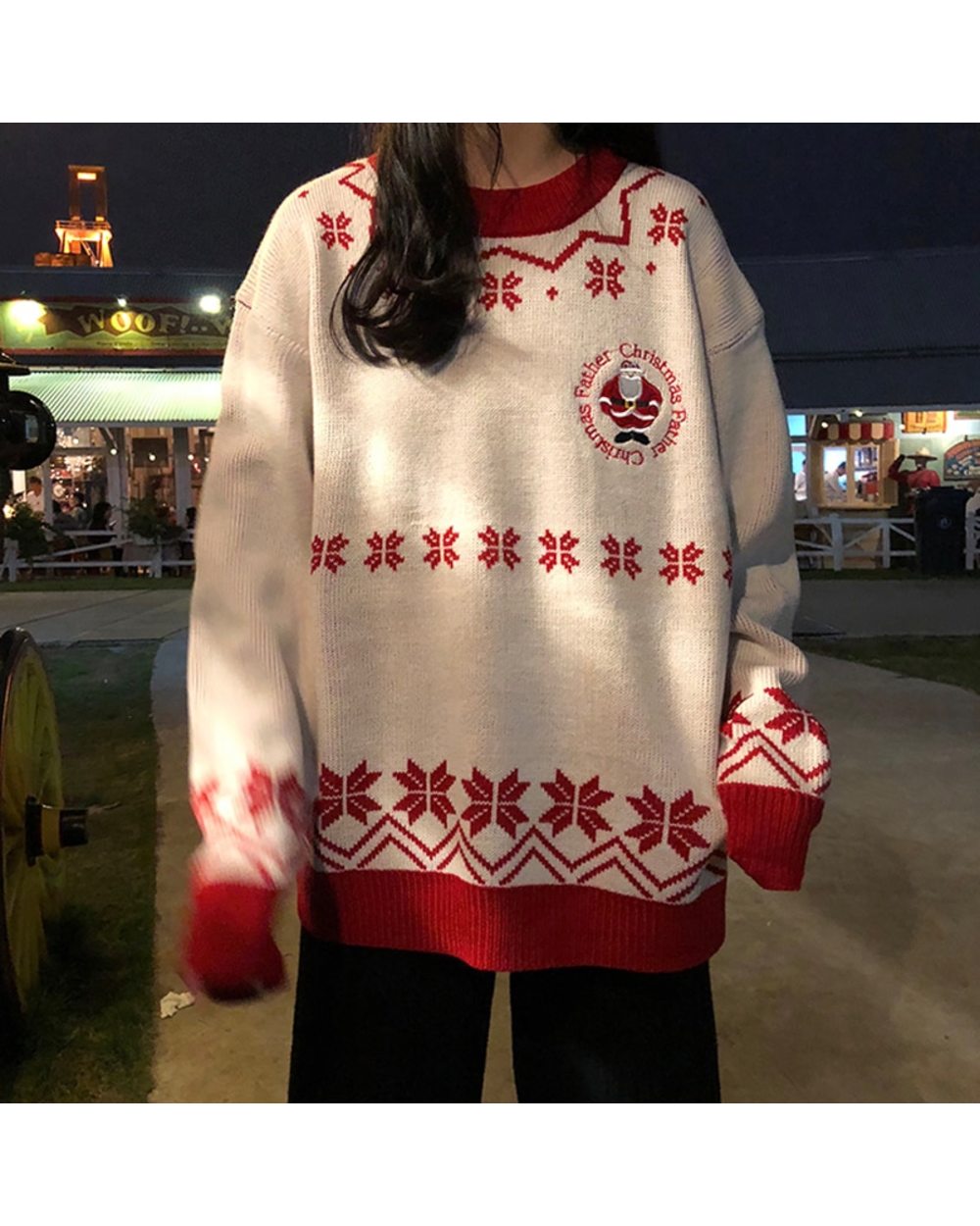 Women Fashion Christmas Red Sweater Tops Knitted Printed Long Sleeve Round Neck T Shirt Party Loose Female Clothes front-4