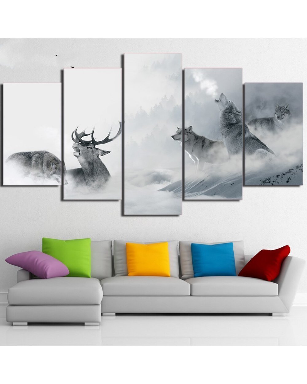 Howling Wolf Group Confronting Deer in Snow Picture Print Animal 5 Panel Canvas Art Wall Decor front-0