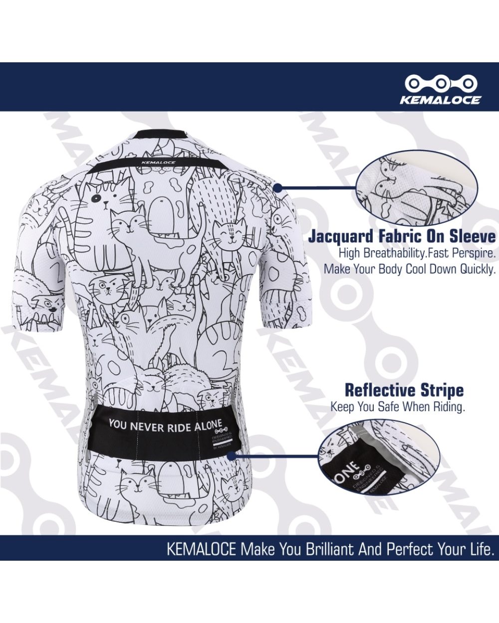 KEMALOCE Breathable Unisex White Cartoon Cat Cycling Jersey Spring Anti-Pilling Eco-Friendly Bike Clothing front-4