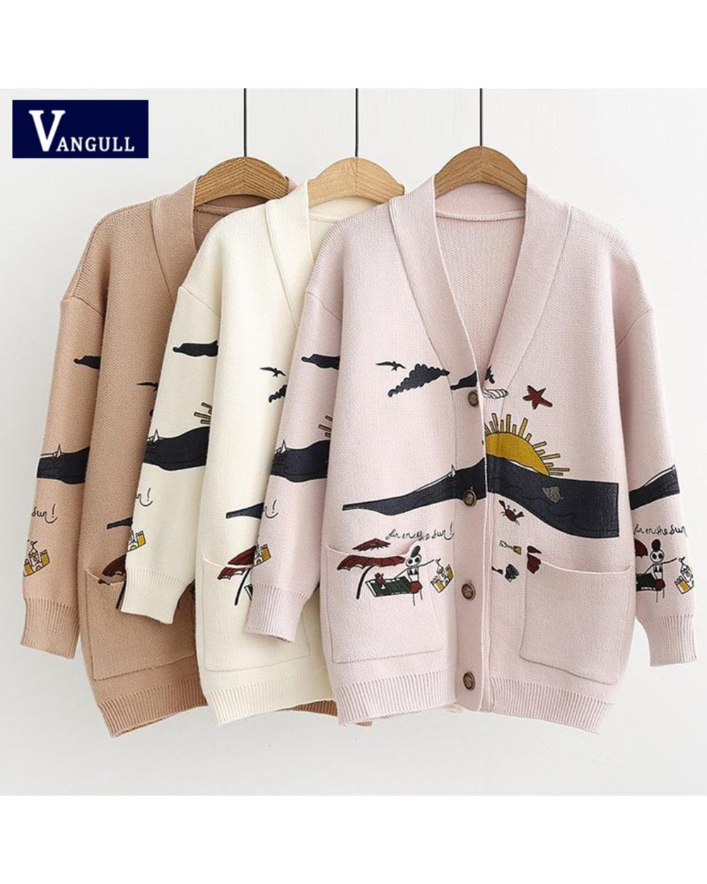 Cartoon Print Knitted Women Sweater Coat 2022 Casual Cute V-neck Single Breasted Pockets Female Cardigan Sweater Tops front-0
